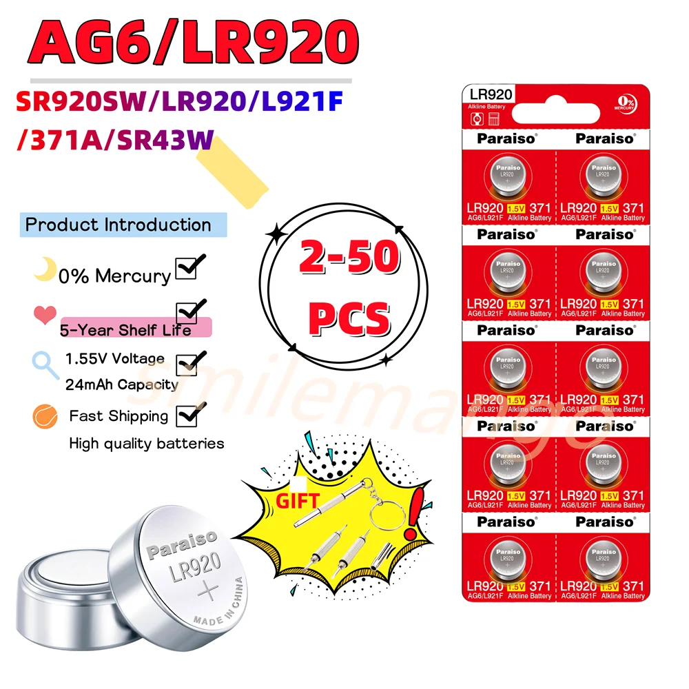 Батарейки AG6 2023 SR920SW LR920 SR927 371 171 L921 LR69 SR920, 2-50 шт.