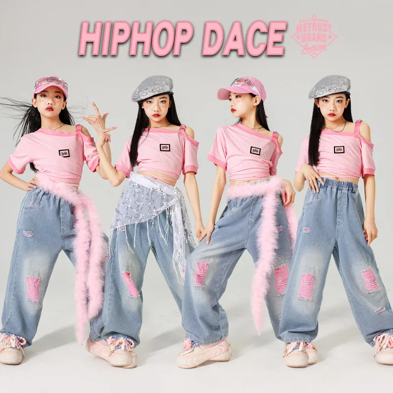 Фото K-pop Sweet Crop Top Розовые джинсы Комплекты одежды в стиле хип-хоп Детские рваные джинсовые брюки для джаза Детская уличная одежда Костюм для уличных танцев №2