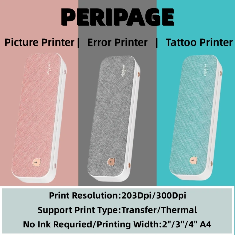 Портативный принтер A4 Peripage, мини-принтер для татуировок, термобумага без чернил, беспроводная версия Bluetooth, 203/304Dpi