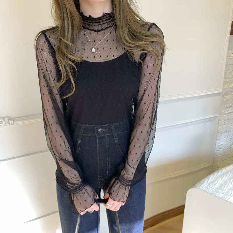 Фото M-XL Новая женская кружевная рубашка Весна Осень с длинным рукавом Сексуальная сетчатая рубашка Блузка Внутренняя одежда Пуловер Топ (без жилета) №4