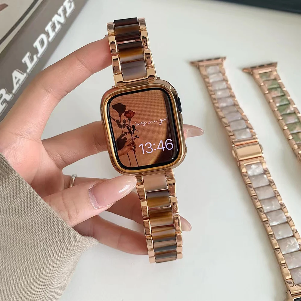 Ремешок из нержавеющей стали и смолы для Apple Watch Band 40 мм 41 мм 42 мм 44 мм 45 мм 38 49 мм, милый женский браслет для IWatch 8 7 6 5 4 Se 3