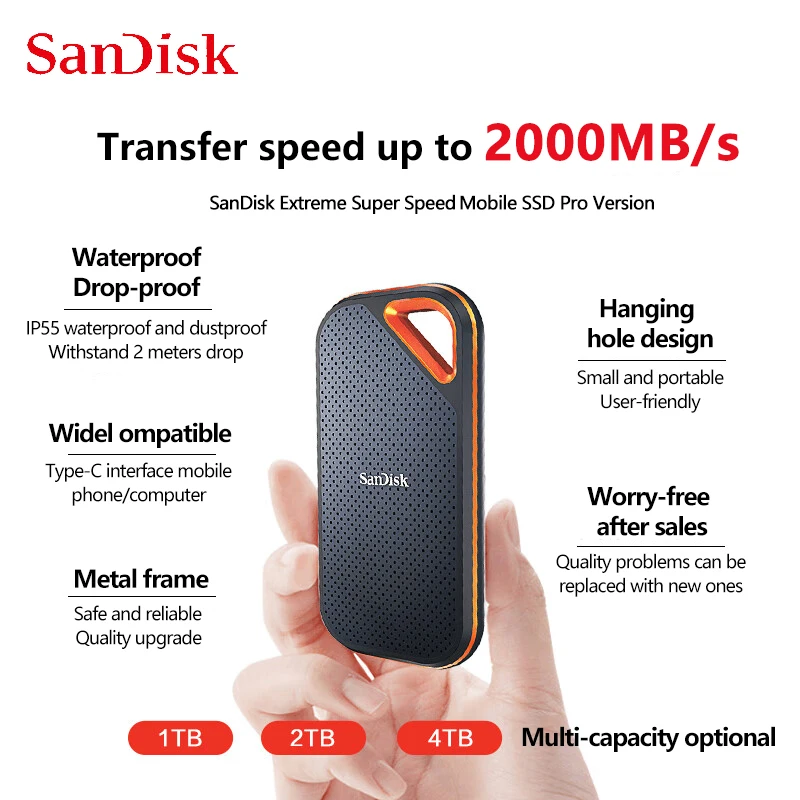 Фото SanDisk E81 Портативный внешний SSD 1TB 2 ТБ 4TB USB3.2 Type-C HD Экстремальный твердотельный накопитель скорость чтения 2000 Мб/с NVMe №2