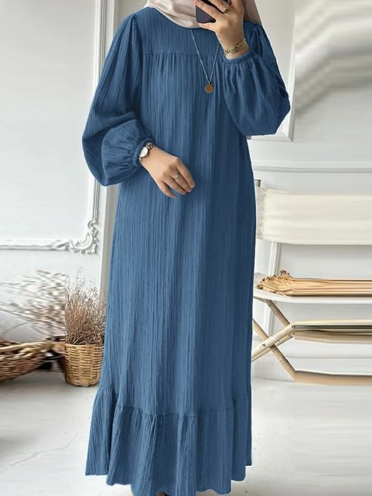 Фото ИД мусульманское платье для женщин винтажное с оборками на подоле Abaya марокканские вечерние платья Рамадан на шнуровке кафтан мусульманский Дубай Арабский длинный халат 2024 №2