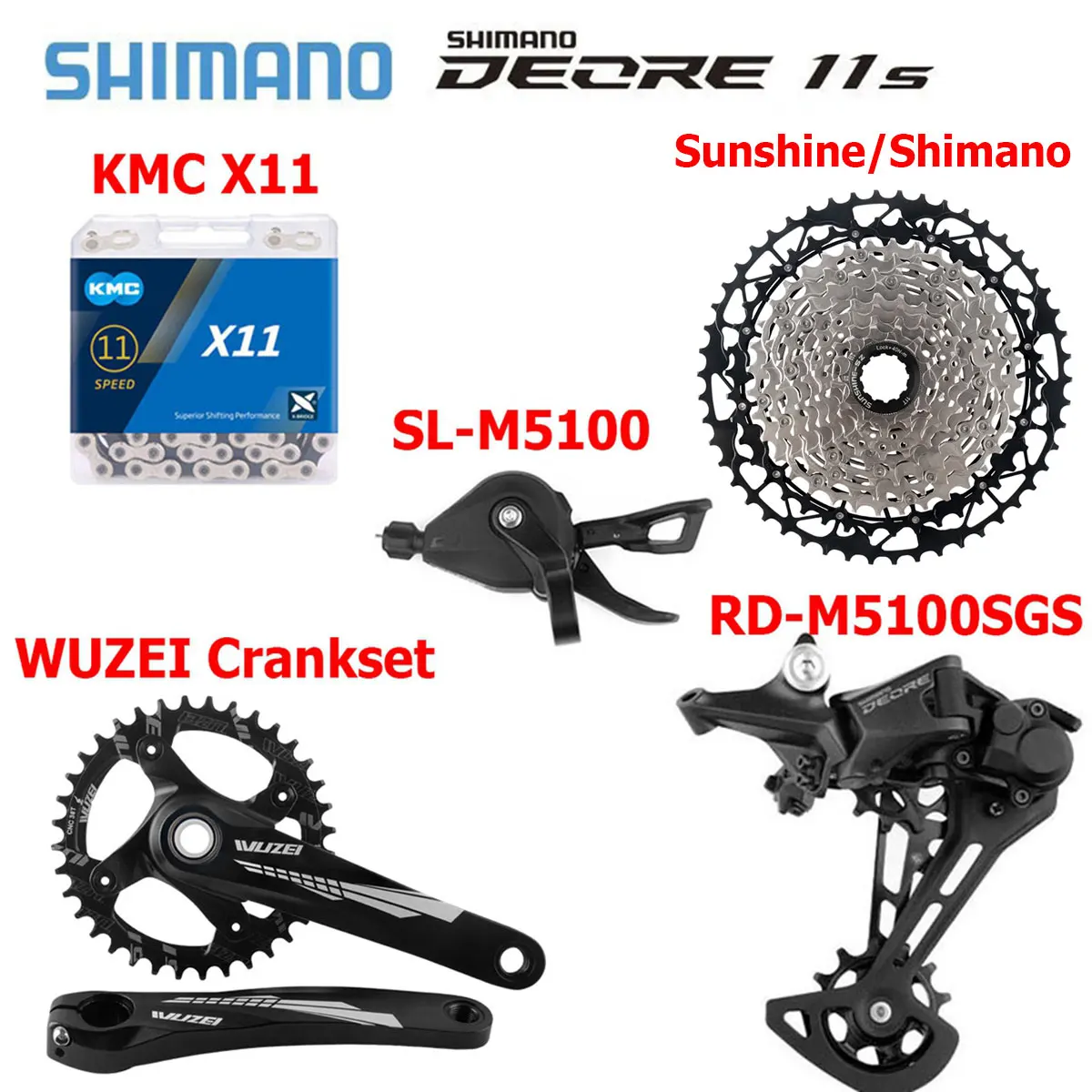 Shimano Deore M5100 MTB 11S Групповой набор рычагов переключения передач Задний переключатель 11 В Полный комплект Sunshine Cassette KMC Цепь 11 скоростей K7 Полный комплект