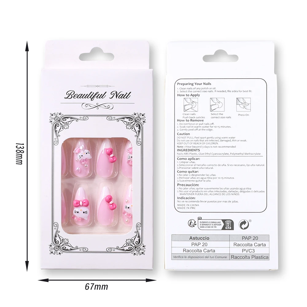 24 шт. розовый миндаль Hello Kitty Press on Nails Lovely Cartoon Kitty Head Bow Fake Nail Tips Y2k накладные ногти патчи для девочек подарок (art.: 3920cf6eef222) - 3920cf6eef222