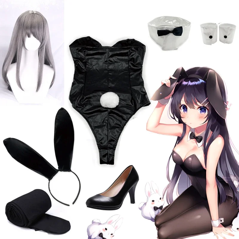 Аниме Sakurajima Mai Bunny Girl Косплей Костюм Женщина Черный Сексуальный Кролик Комбинезон Хэллоуин Парик Обувь Реквизит Размер Одежды M/XL OI7