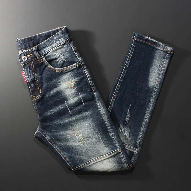 Джинсы Pria Ala Jalanan Mode, джинсы, субок, Ramping Elastis Abu-abu Hitam Retro Celana Denim хип-хоп Lukis Saku Desainer Pria Hombre