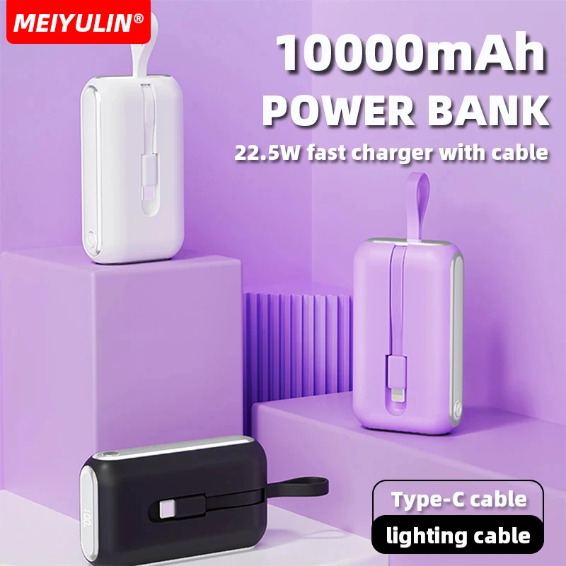 Портативный внешний аккумулятор емкостью 10000 мАч с кабелем USB C 22,5 Вт для быстрой зарядки, внешний запасной аккумулятор Powerbank для iPhone 15 Samsung Xiaomi