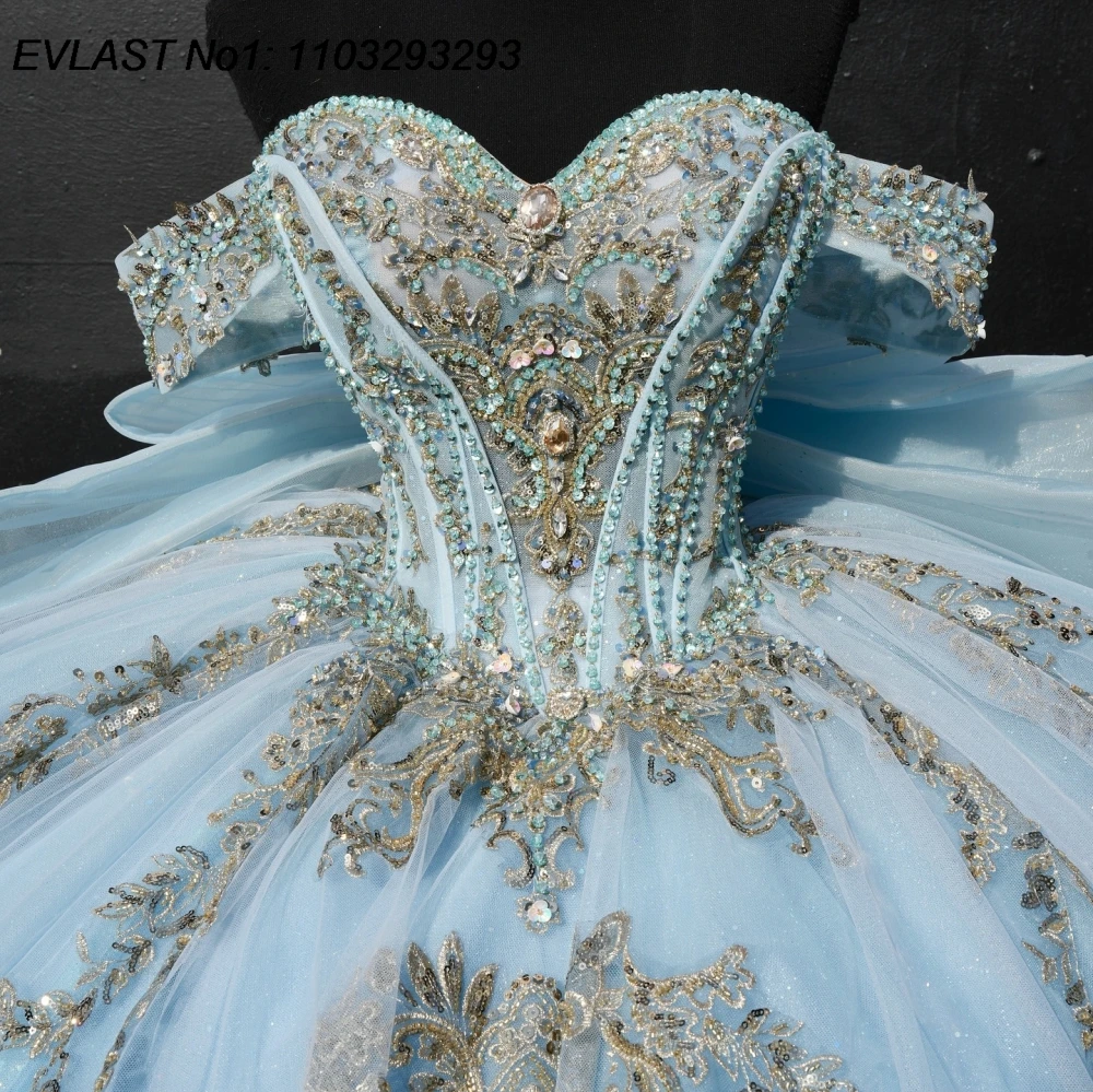 Фото EVLAST блестящее небесно-голубое платье Quinceanera по индивидуальному заказу, бальное платье с серебряной кружевной аппликацией и бантом из бисера, Sweet 16, Vestido De 15 Anos E1Q350 №2
