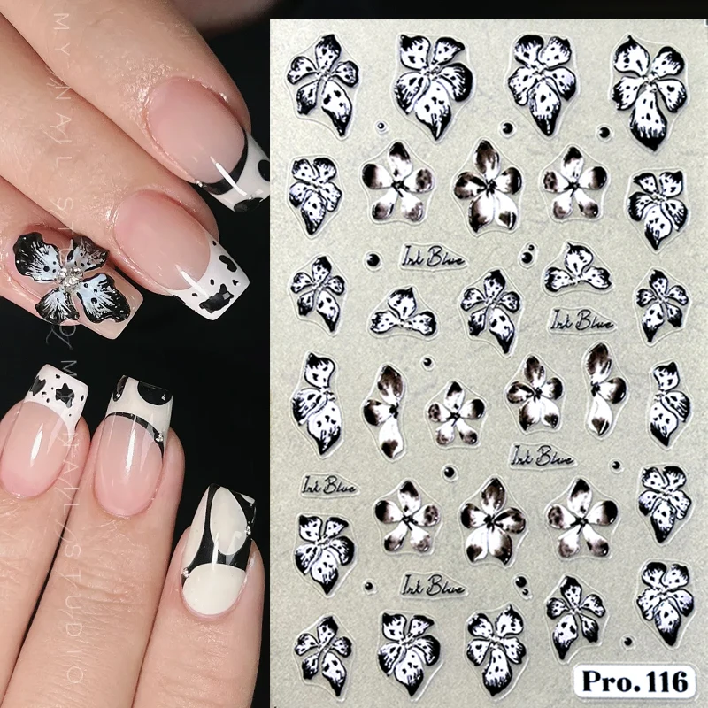 Фото 3D Flowers Nail Art Sticker White Black Yellow Petals Floral Adhesive Sliders Manicure Nail Stickers Decoration For Nail Tips №4