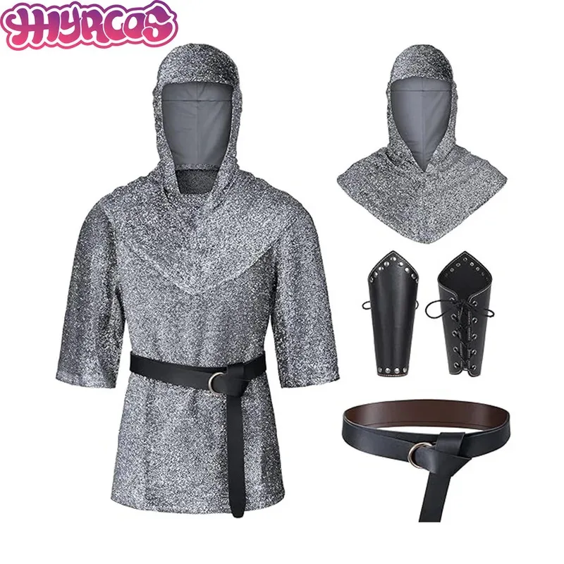 Фото CyMedieval Knight Косплей Тамплиер Искусственная Кольчуга Рубашка Рыцарь Костюм Хэллоуина Ролевая Игра Воин Заклепки Нарукавники Костюм №2