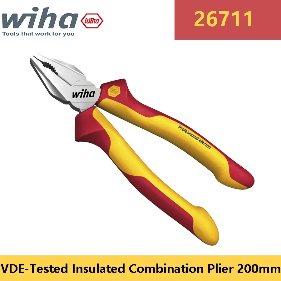 WIHA 26711 Комбинированные плоскогубцы с изоляцией VDE, 1000 В с режущей кромкой, 200 мм, динамические фрезы для захвата соединений, электрические плоскогубцы