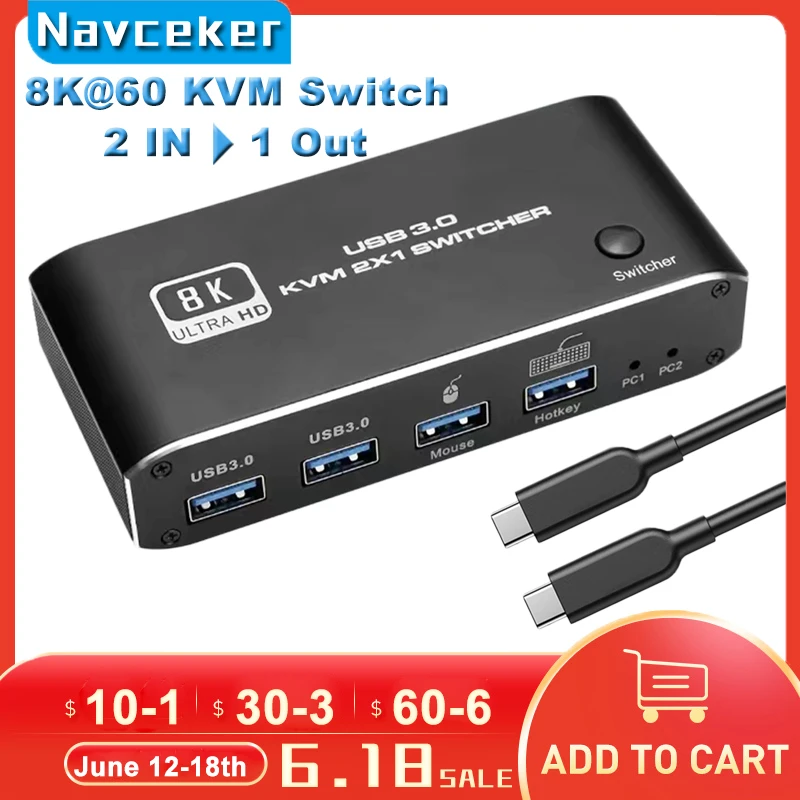 Квм-переключатель Navceker HDMI 2,1, 4K, 120 Гц, HDMI, USB 3,0, квм-переключатель USB 8K, 60 Гц, 1080 @ 240 Гц, USB квм-переключатель, HDMI с портом USB 3,0, ПК