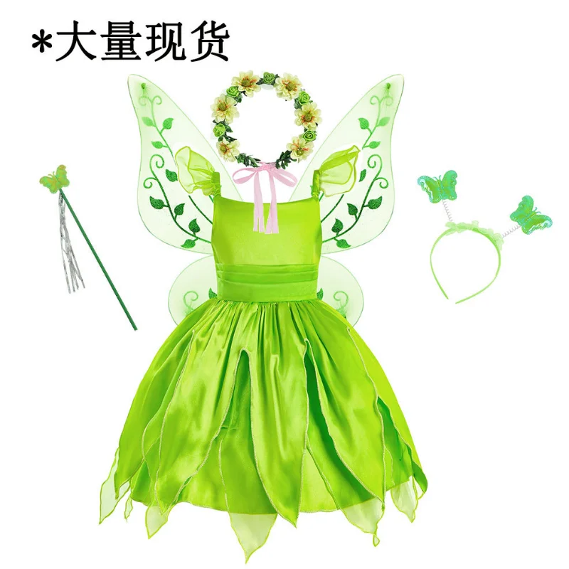 Фото Tinkerbell Kostuum Voor Flower Цветочная фея косплей наряды дети Хэллоуин Tinker Bell Groene Prinses платье для детей №5