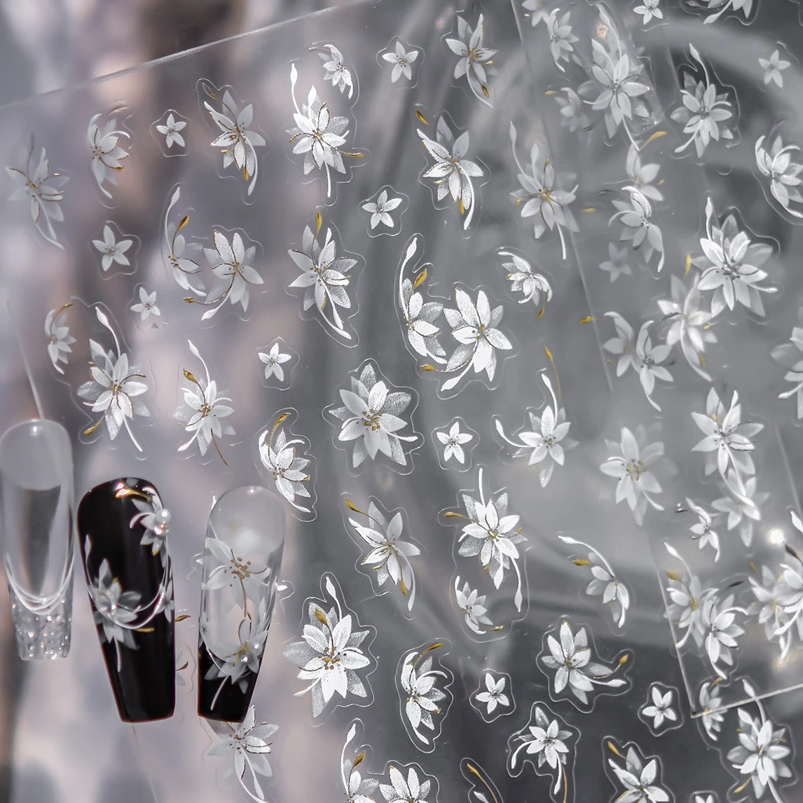 Фото Translucent Flower Ink Wash Style Hand Painted Flowers White Black Grey Petal Garden Adhesive Nail Art Stickers Manicure Decals №5