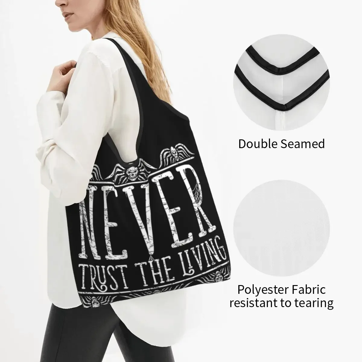 Фото B-Beetlejuice Horror Movie Grocery Bags Durable Large Reusable Recycle Foldable Never Trust the Living Shopping Eco Bag Washable №2