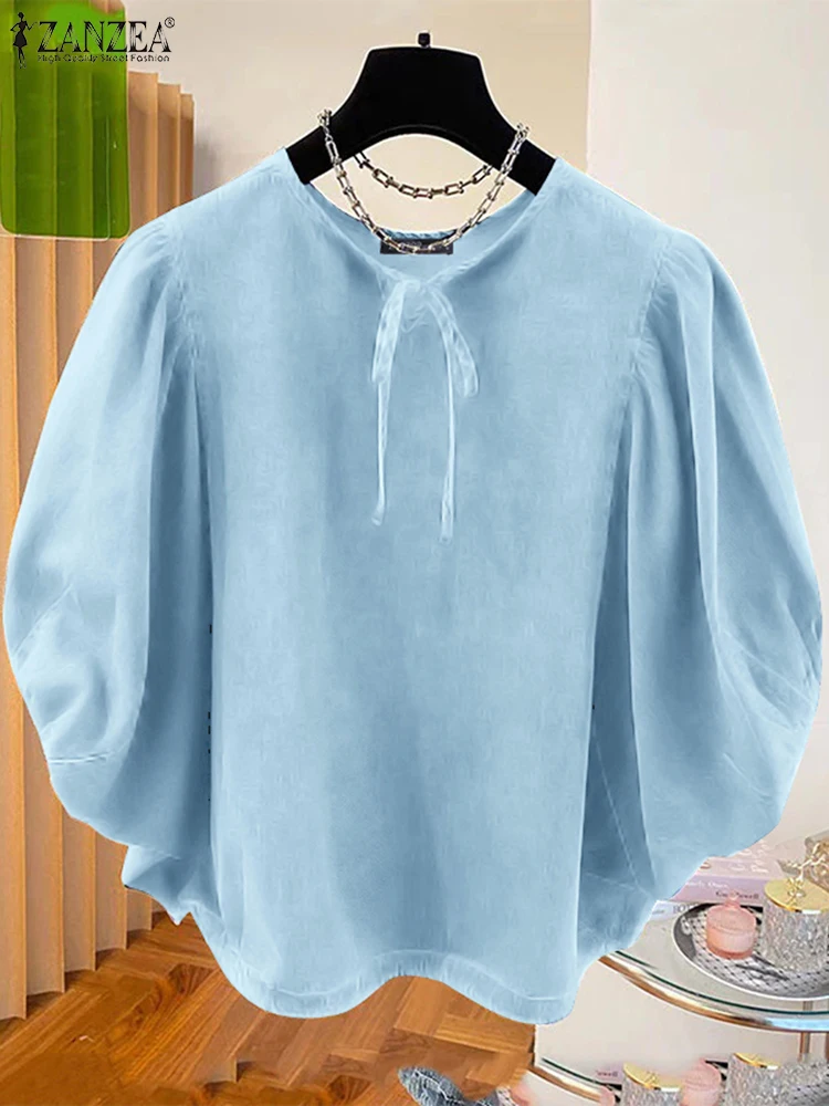 Фото Повседневная свободная блузка с завязками на подоле Blusas ZANZEA, женская однотонная блузка, модные топы с рукавами «летучая мышь» 3/4, осень 2024, синие туники с круглым вырезом №3