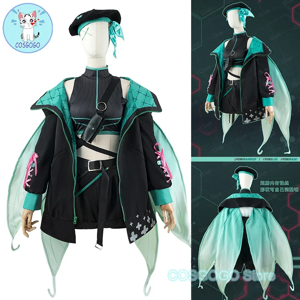 COSGOGO Vtuber Nijisanji Pomu Rainpuff Косплей Костюм Yutuber Костюм Женское Платье Fariy Хэллоуин Униформа Пальто Крылья Парик