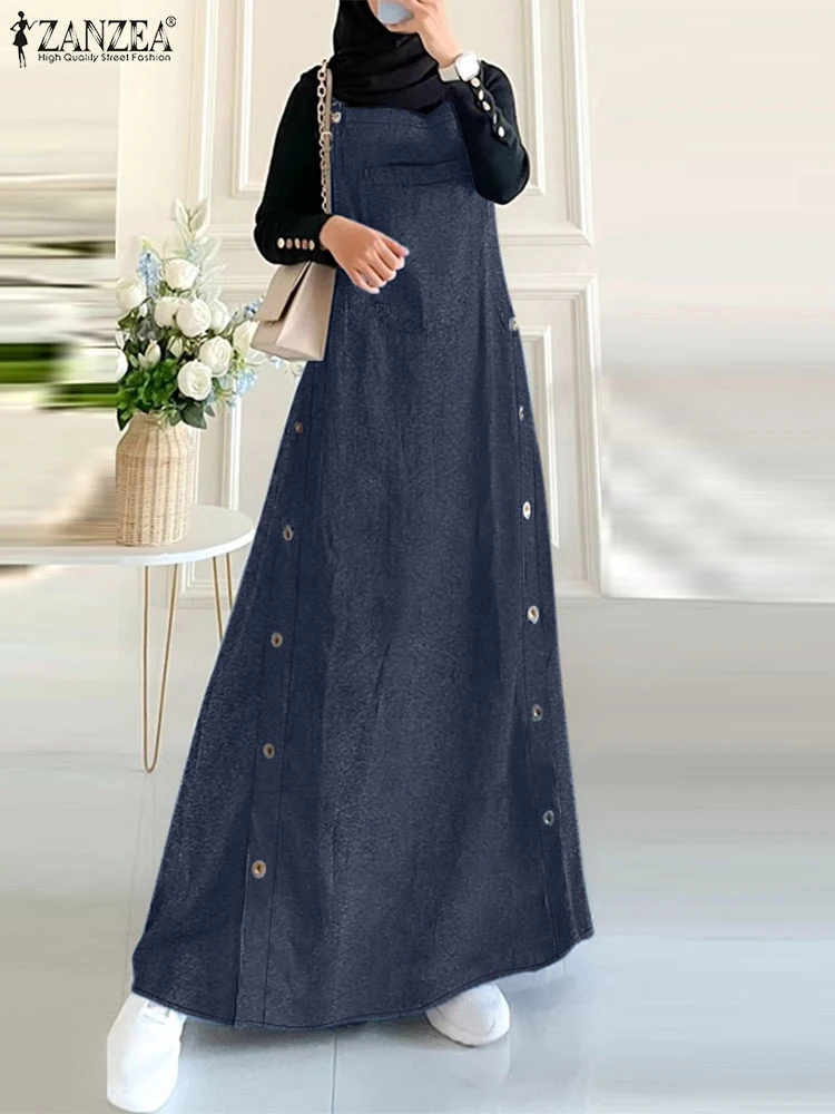 Фото Women Spaghetti Strap Overalls Dress ZANZEA Vintage Muslim Dresses Fashion Fashion Denim Blue Abaya Ramadan Turkey Sundress Robe №3