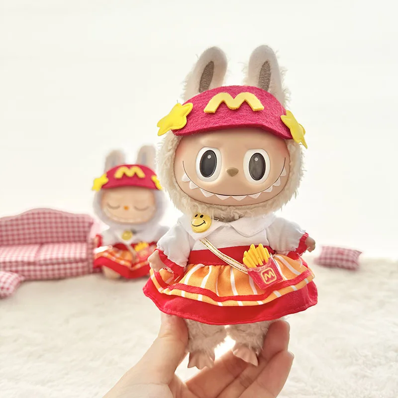 Фото Labubu 17 см, одежда, аксессуары для кукол Labubu, одежда для детей, подарок, фартук с картофелем фри и шляпа M, рабочая униформа YM02K №4