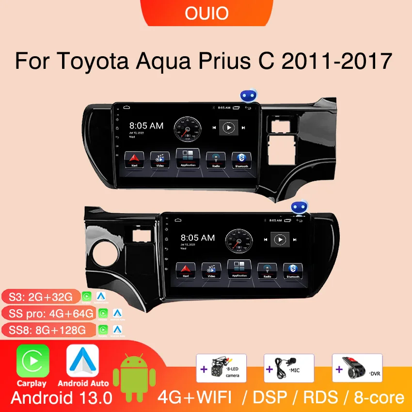 Автомобильный мультимедийный плеер, стерео-система на Android 13, с GPS, для Toyota Aqua Prius C 2011-2017, типоразмер 2DIN