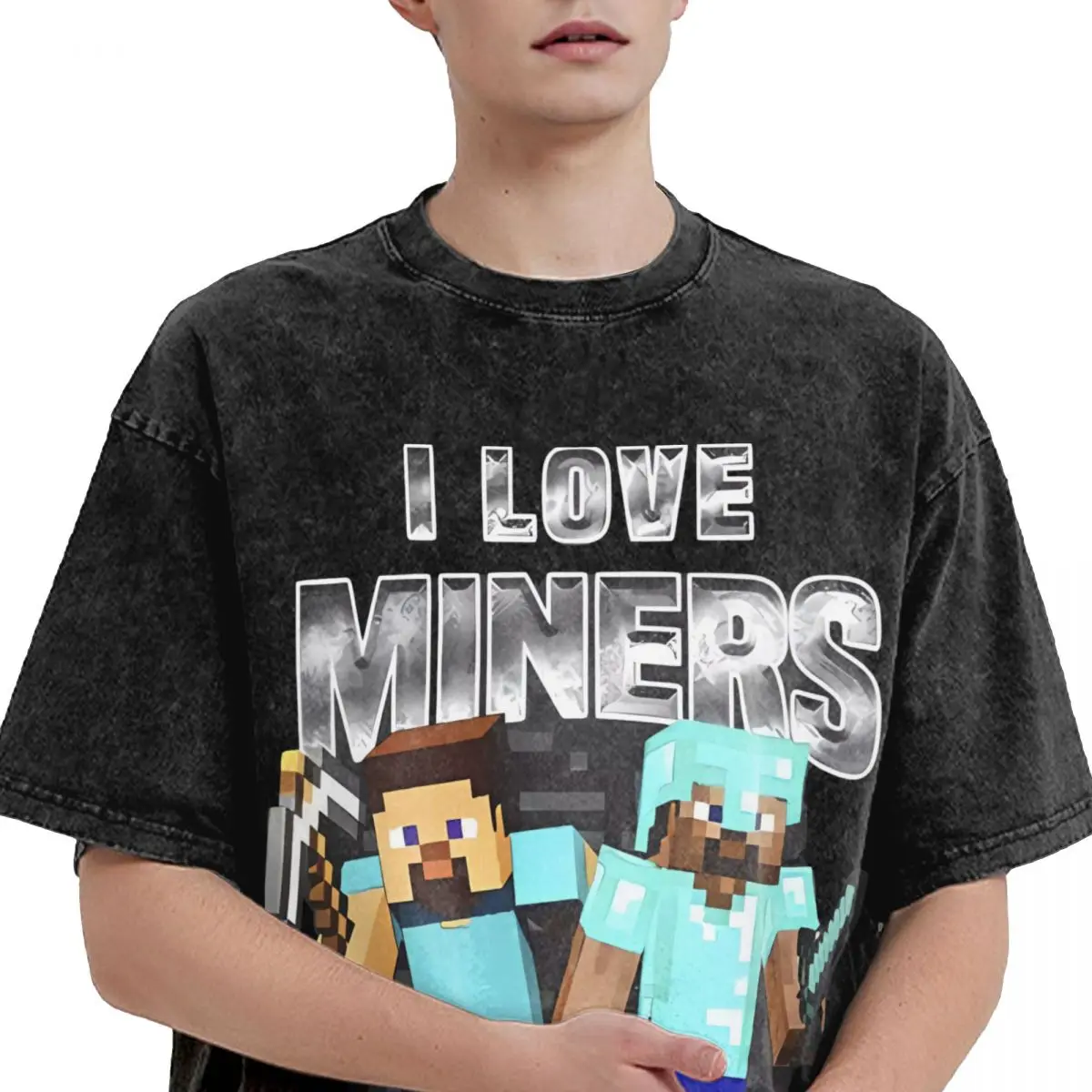 Фото Винтажная стираная футболка I Love Miners, повседневные футболки, забавный мем, игра отаку, модная футболка, мужская летняя одежда классического дизайна №4