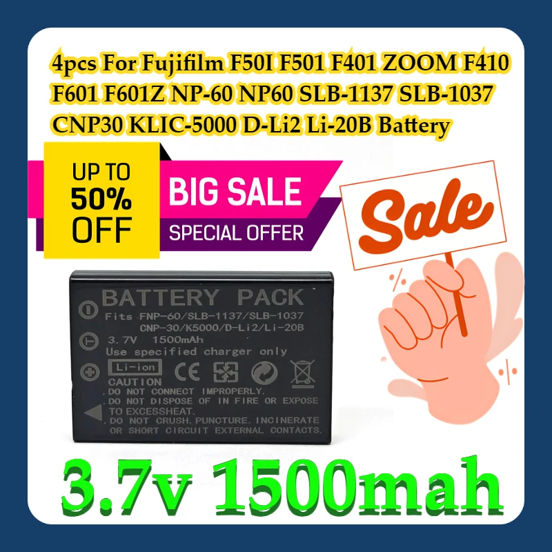 4 шт. для Fujifilm F50I F501 F401 ZOOM F410 F601 F601Z NP-60 NP60 SLB-1137 SLB-1037 CNP30 KLIC-5000 D-Li2 Li-20B аккумулятор Аксессуары и запчасти