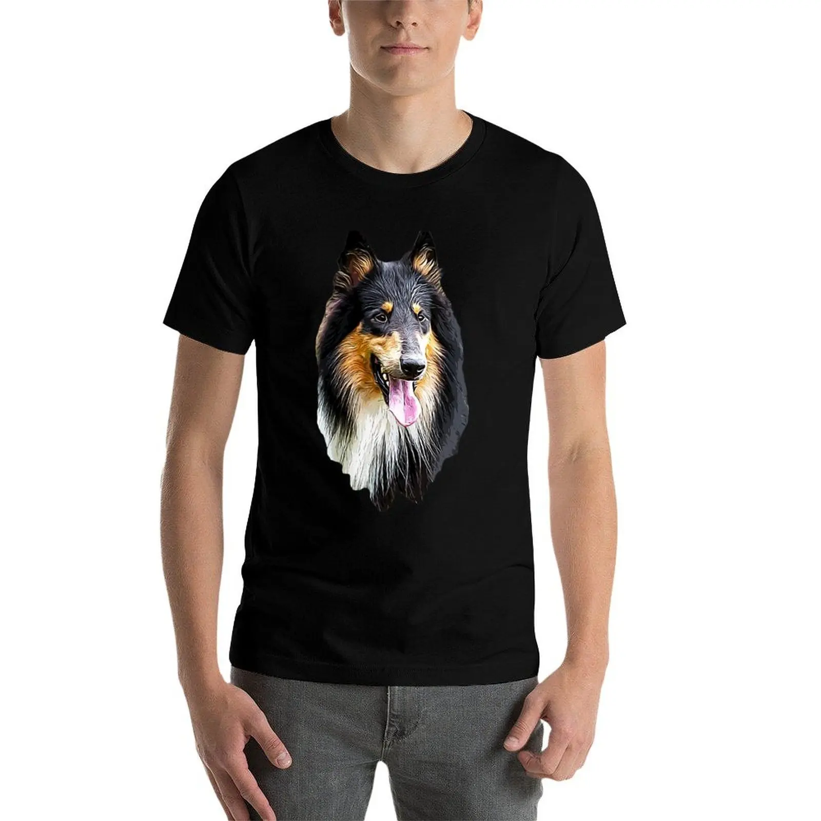 Фото Футболка Rough Collie Tri, милые топы, винтажная аниме-рубашка, корейская модная мужская дизайнерская футболка №4
