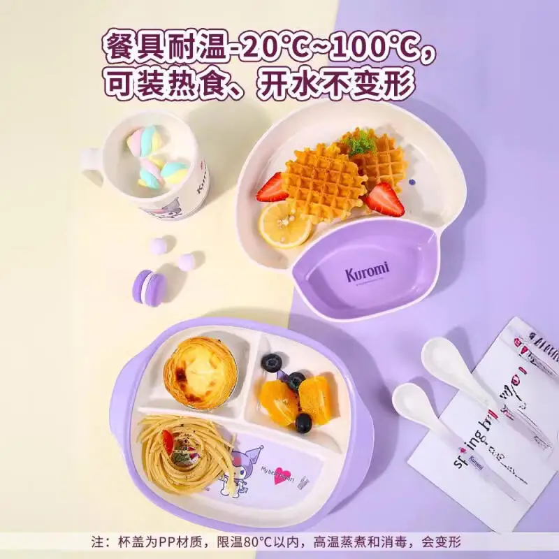 Горячая детская посуда Sanrio Kuromi Kawaii, студенческая модная ложка в стиле аниме, палочки для еды, тарелка, миска для риса, чашка против падения, защита от ожогов