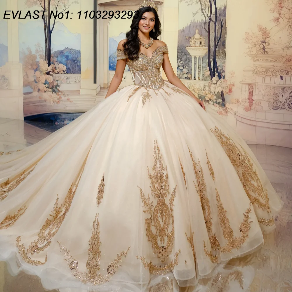 Фото EVLAST индивидуальное блестящее серое бальное платье Quinceanera, блестящее кружевное платье с аппликацией и бантом из бисера, милое платье 16, Vestidos De 15 Anos E1QN249 №3