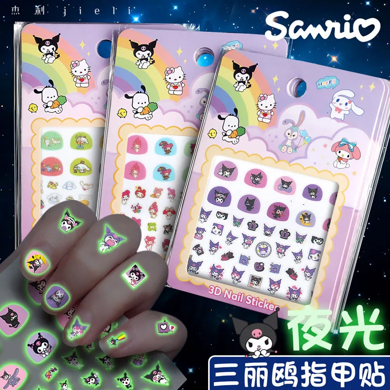 5 шт./компл., светящиеся детские наклейки для ногтей «Hello Kitty», Kawaii Kuromi Melody, светящиеся в темноте ползунки для ногтей, мультяшные маникюрные украшения и