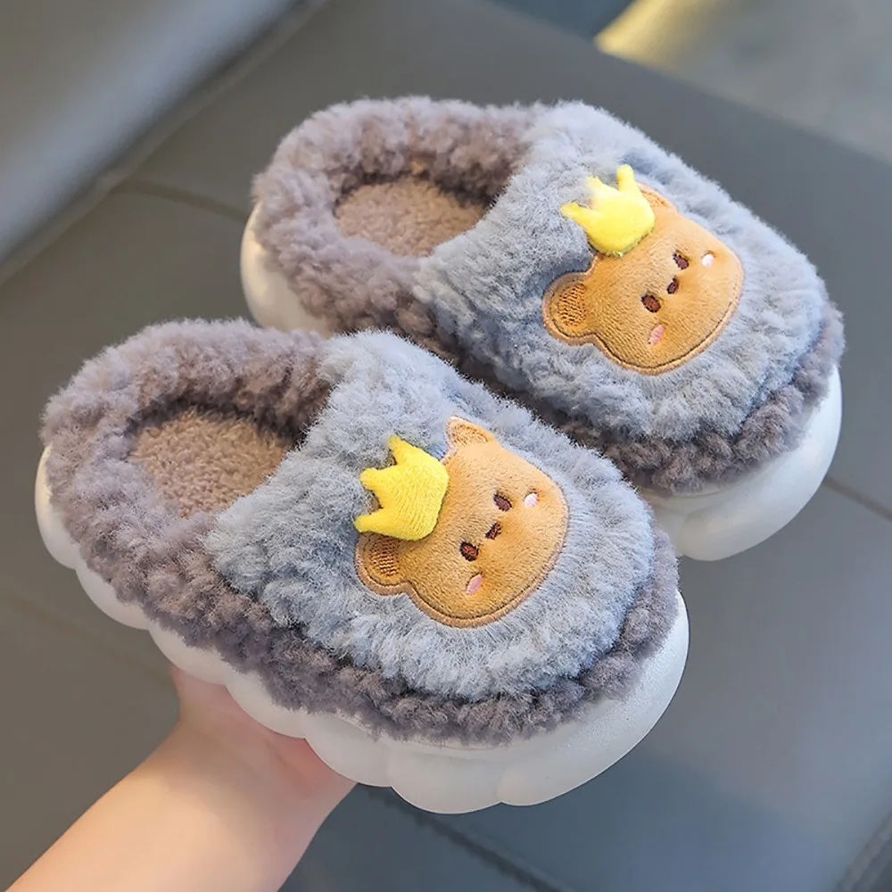 Kawaii плюшевые детские хлопковые тапочки с кроликом/медведем, домашние тапочки для девочек и мальчиков, детские меховые тапочки с героями мультфильмов