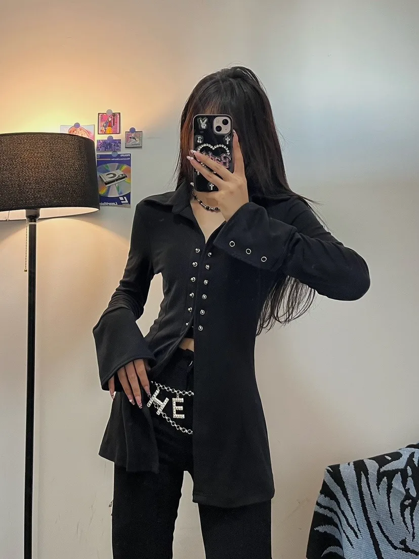 Фото Blus Harajuku wanita lengan panjang tunik kemeja hitam 2023 Blusas Mujer De Moda kasual blus Korea Y2k atasan №2