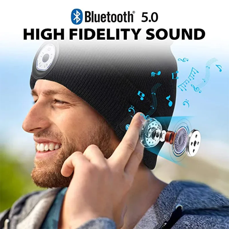 Беспроводная Музыкальная Шапка Bluetooth Для Ночного Бега Наружное Освещение Аварийное Освещение Теплая Вязаная Шапка Со Свет...