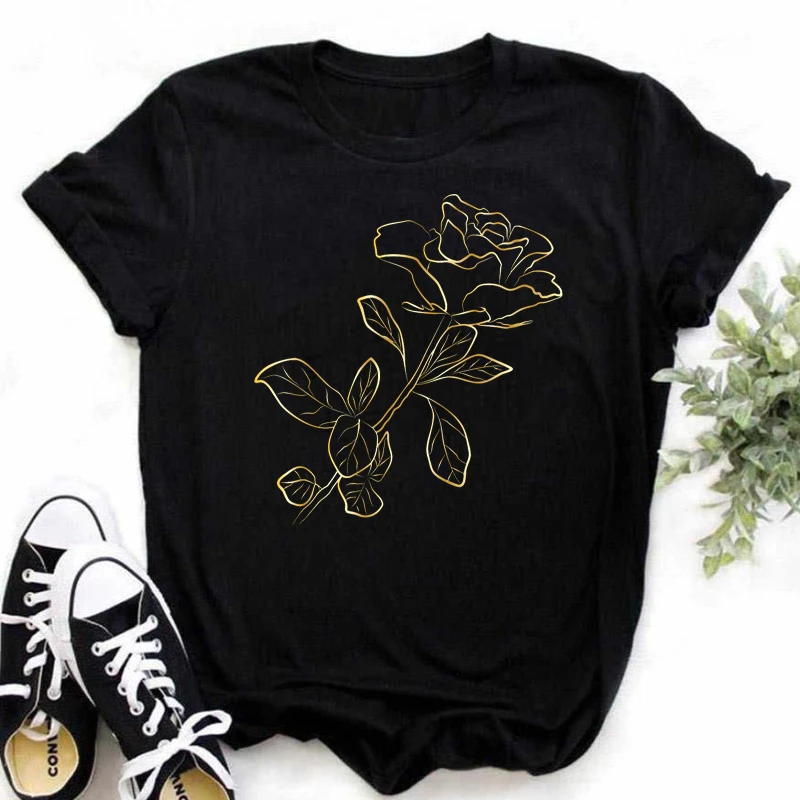 Maycaur Fashion Gold Rose Print Women T Shirt Short Sleeves Harajuku Tshirts Casual O-neck Top Tee Shirt Black Women T-shirt (art.: 3920d15562fe6) - 3920d15562fe6