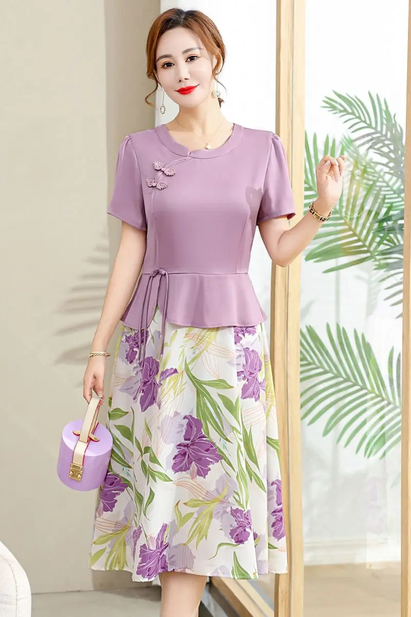 Lmproved Cheongsam Поддельное двухсекционное шифоновое платье Женское летнее новое свободное, утягивающее и уменьшающее возраст костюм-юбка Wh21