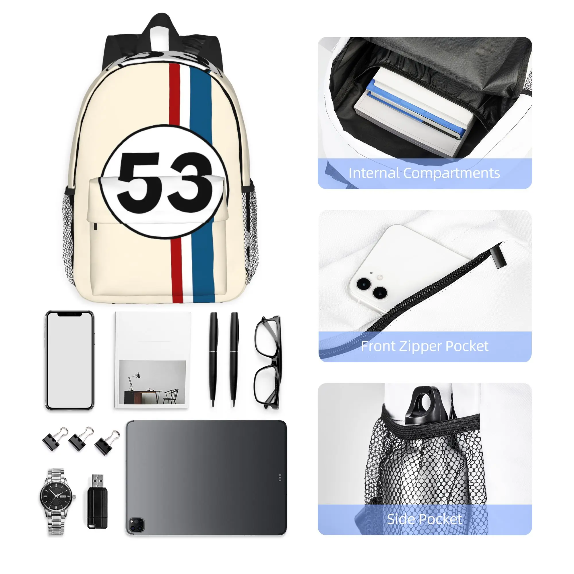Рюкзак Herbie Number 53, горячая распродажа, вместительный рюкзак для мальчиков и девочек, сумка через плечо для мужчин и женщин, школьная сумка