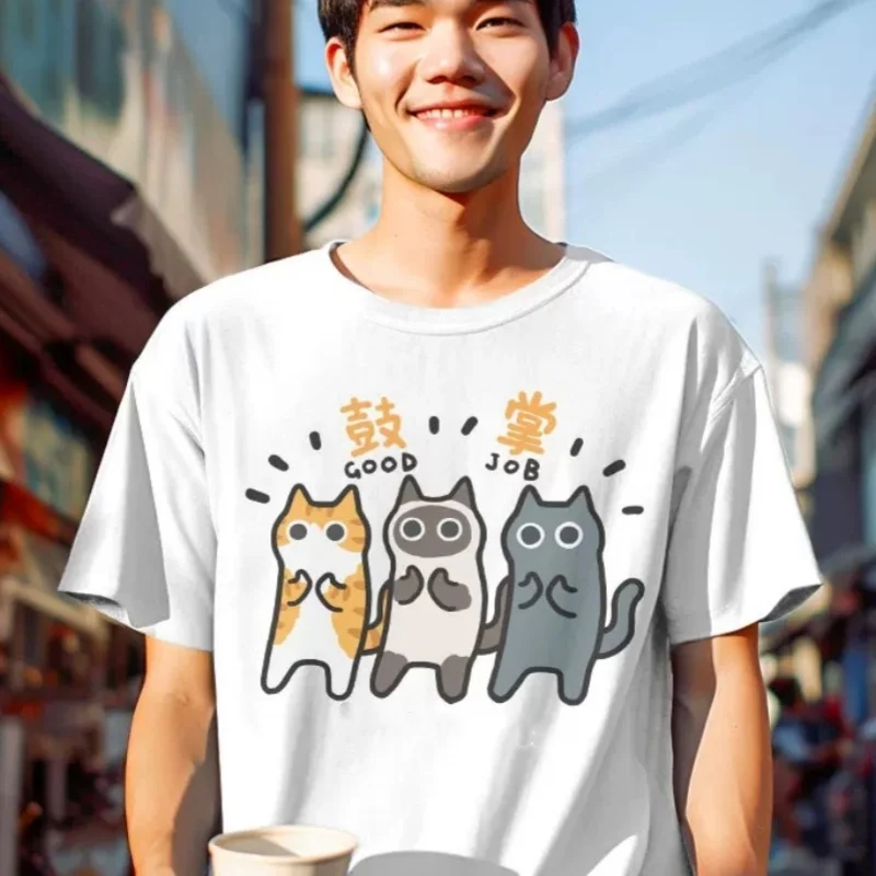 Фото Мужская футболка ZAZOMDE Kawaii Cat Trio свободного покроя из 100% органического хлопка, летняя повседневная уличная одежда для путешествий, большой размер №4