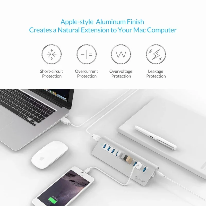 Фото ORICO 5 Гбит/с Высокоскоростной концентратор USB 3.0 Алюминиевый мульти-концентратор USB 3.0 с 10/7 портами и адаптером питания 12 В для Macbook Компьютерные аксессуары №5