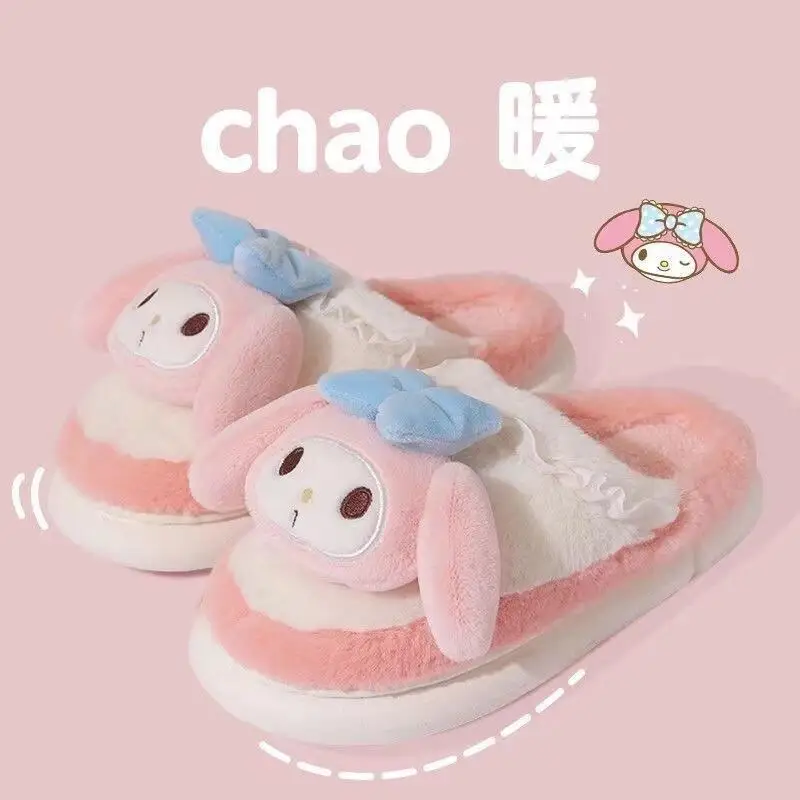 Sanrio, домашняя сумка, хлопковые тапочки, новинка 2025, женские зимние милые плюшевые удобные теплые домашние нескользящие студенческие хлопковые тапочки с толстой подошвой