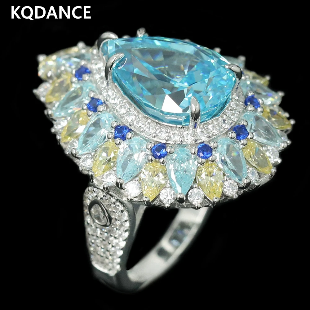 KQDANCE Роскошные коктейльные кольца из стерлингового серебра 925 пробы с высокоуглеродистым бриллиантом грушевидной огранки с синим аквамарином для женщин, ювелирные изделия