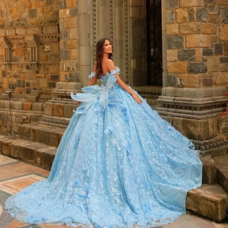 Фото Роскошное платье Quinceanera с 3D цветочной аппликацией, 2025, очаровательное кружевное вечернее платье, блестящее вечернее платье с 3D цветами 16, по индивидуальному заказу №2