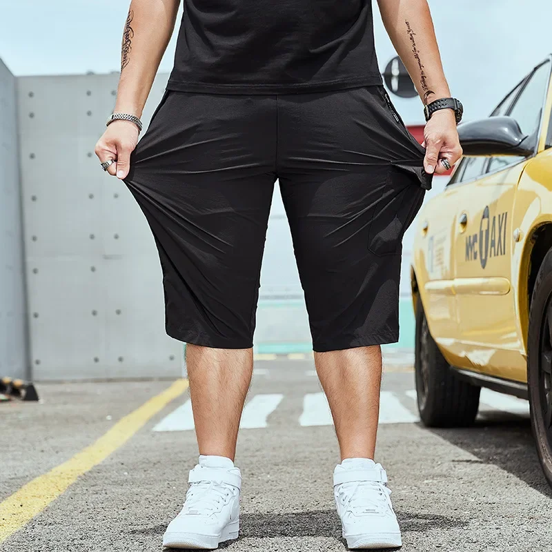 Фото Тонкие быстросохнущие укороченные брюки 8XL 7XL 6XL Большие карго с высокой талией летние Черные Серые тянущиеся спортивные шорты №3