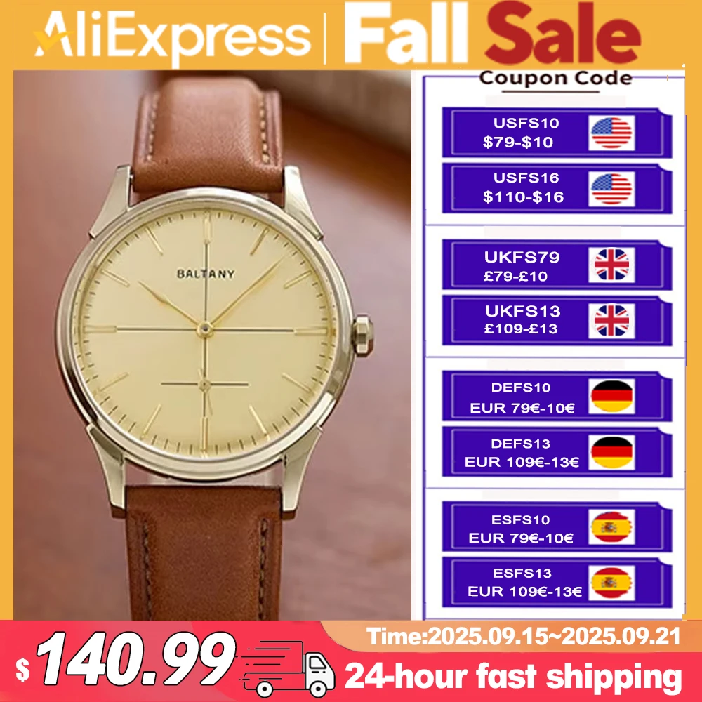 Baltany Crosshair Dial Small Seconds S4092 Ретро часы ST1701 Водонепроницаемые механические деловые часы с автоматическим механизмом для мужчин