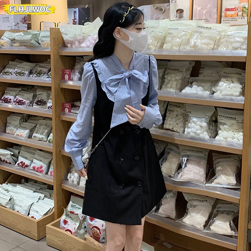 Фото Лоскутное платье-рубашка с галстуком-бабочкой Mori Girls New Year Women Japan Style Y2K Cute Sweet Fake Two Piece Design Retro Vintage Dress №3