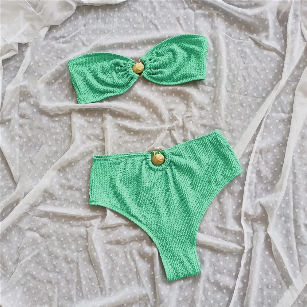 Фото Купальник-бикини Shell Bandeau, женский купальник, комплект бикини с высокой талией, 2022, купальный костюм с пуш-ап Maillot De Bain Femme, пляжная одежда №3