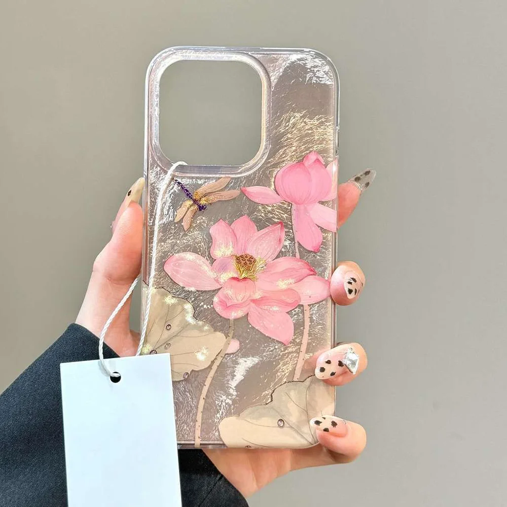 Чехол для телефона в китайском стиле с рисунком розовой фольги лотоса для iPhone 16, 15, 14, 13, 12, 11 Pro Max Plus INS Art, противоударный защитный чехол (art.: 3920d0d1d7de0) - 3920d0d1d7de0