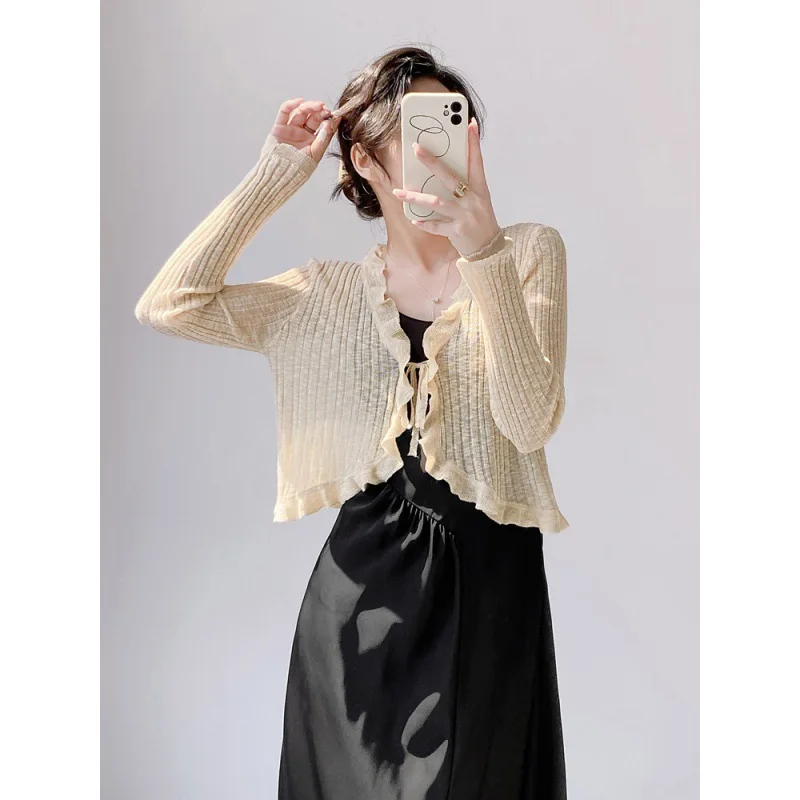 Фото Sunscreen Knitted Cardigan Women's Thin Camisole Skirt with Air Conditioning Cover Shawl Jacket №5