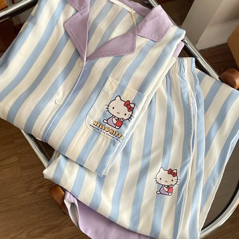Sanrio Hello Kitty аниме женские пижамы мультфильм KT кошка печать полосатый кардиган с длинными рукавами весна осень удобная домашняя одежда