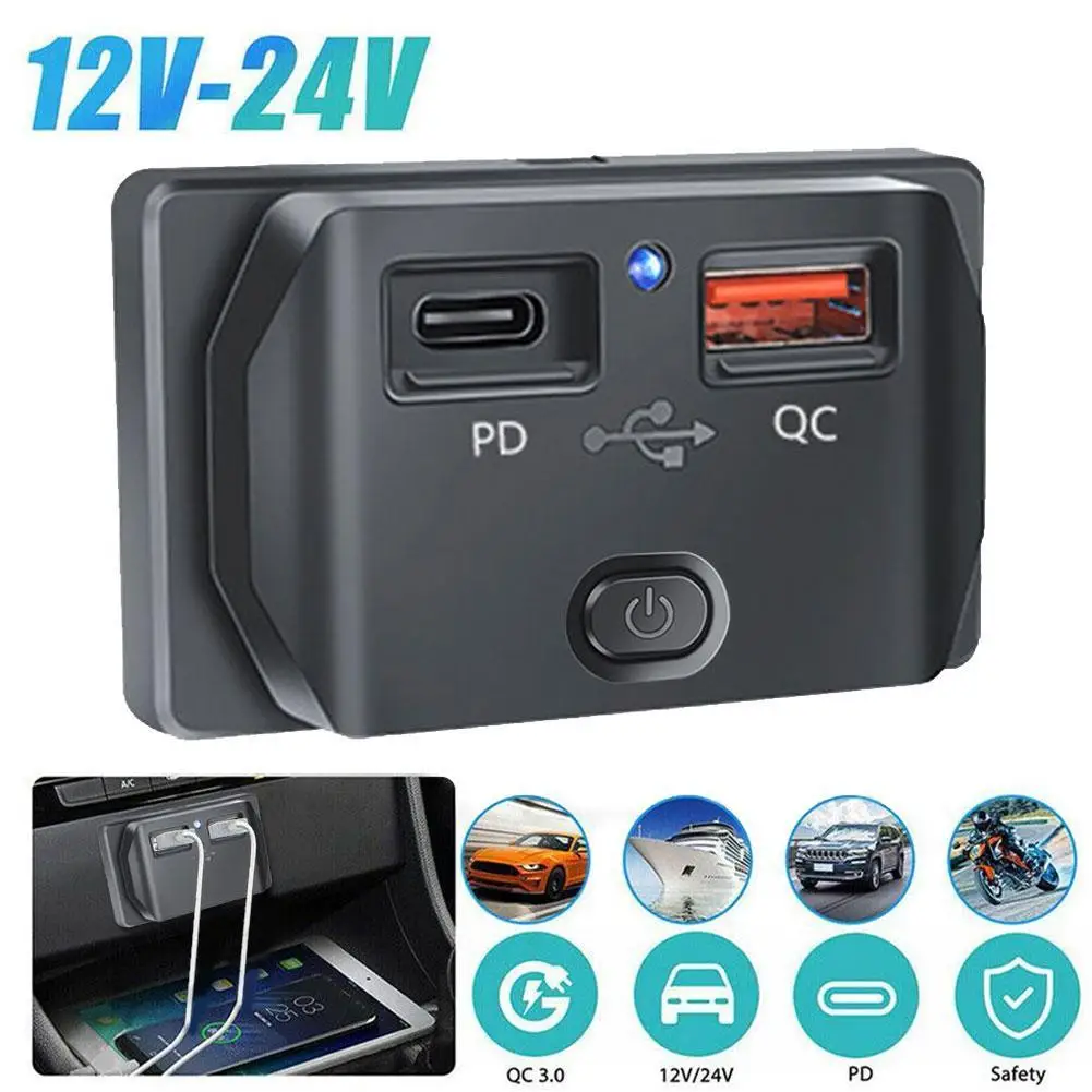 Быстрое зарядное устройство 12 В 24 в PD Тип C QC 3,0 USB розетка с переключателем Быстрая зарядка для автомобиля мотоцикла RV лодки